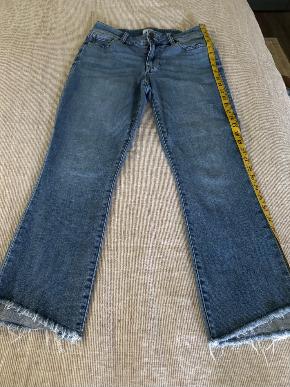 CAbi Women's Medium Blue Flare Jeans with Frayed Hem